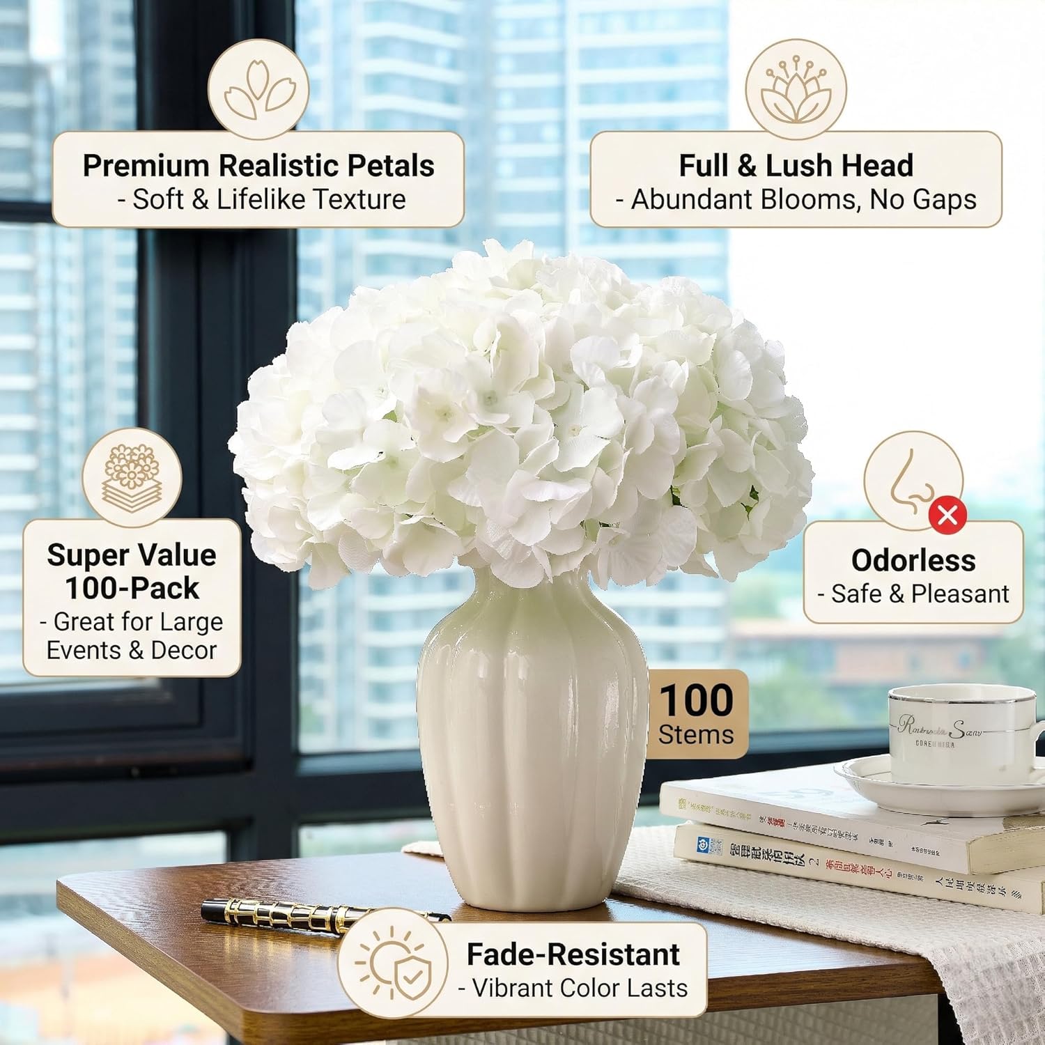100 PCS Ivory Hydrangea Artifi - Bonsai Garden Images 리뷰 및 가격